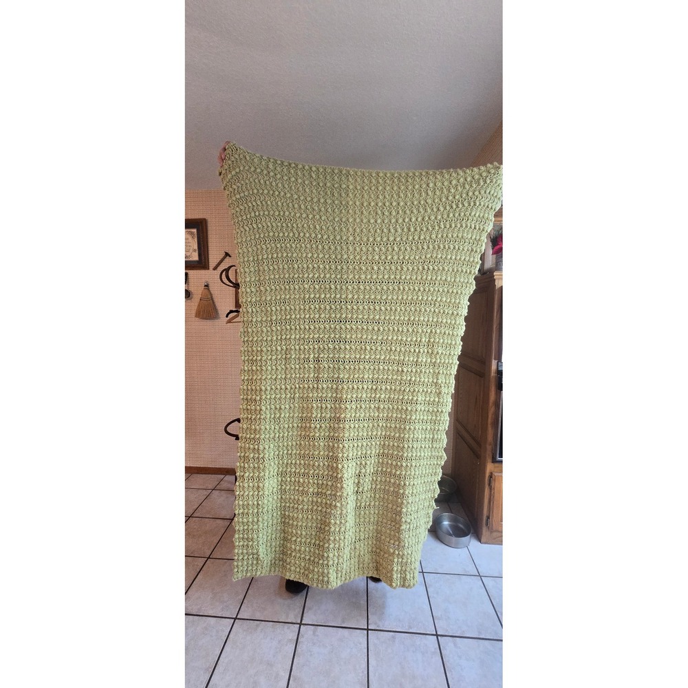 Vintage Handmade Crochet Popcorn Stitch Throw Blanket Sage Green Afghan 76 X 48